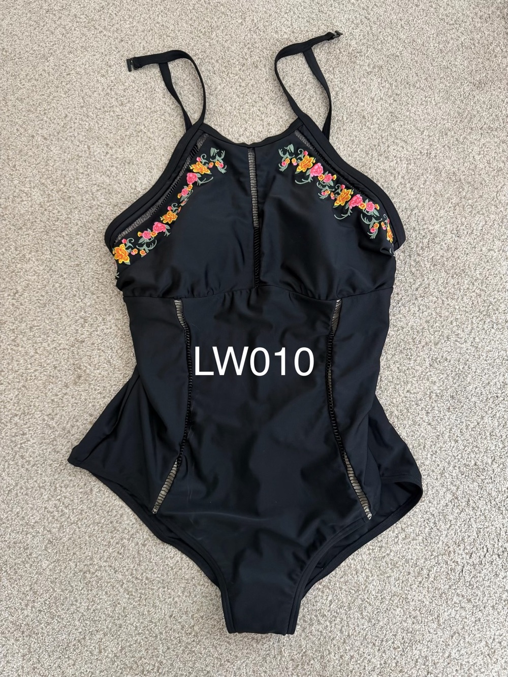 Ulla Popken Black One-Piece Swimsuit with Floral Embroidery